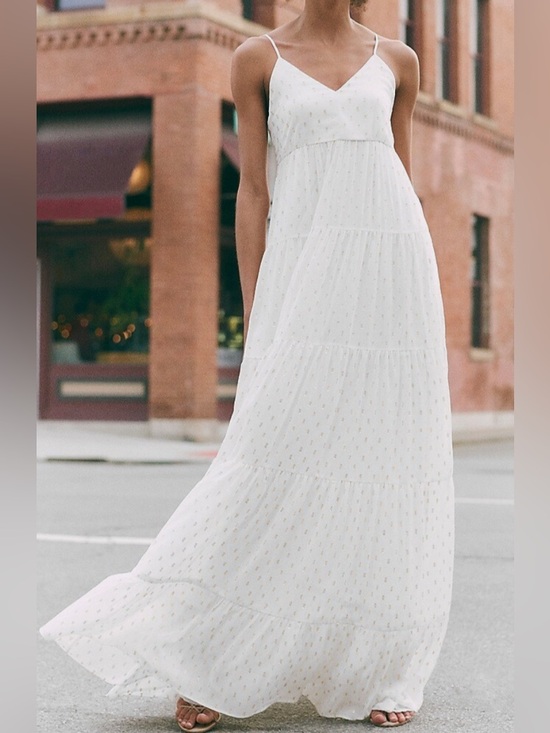 Express Dresses & Skirts - Express White Tiered Maxi Dress with Metallic Gold Squares, size Medium